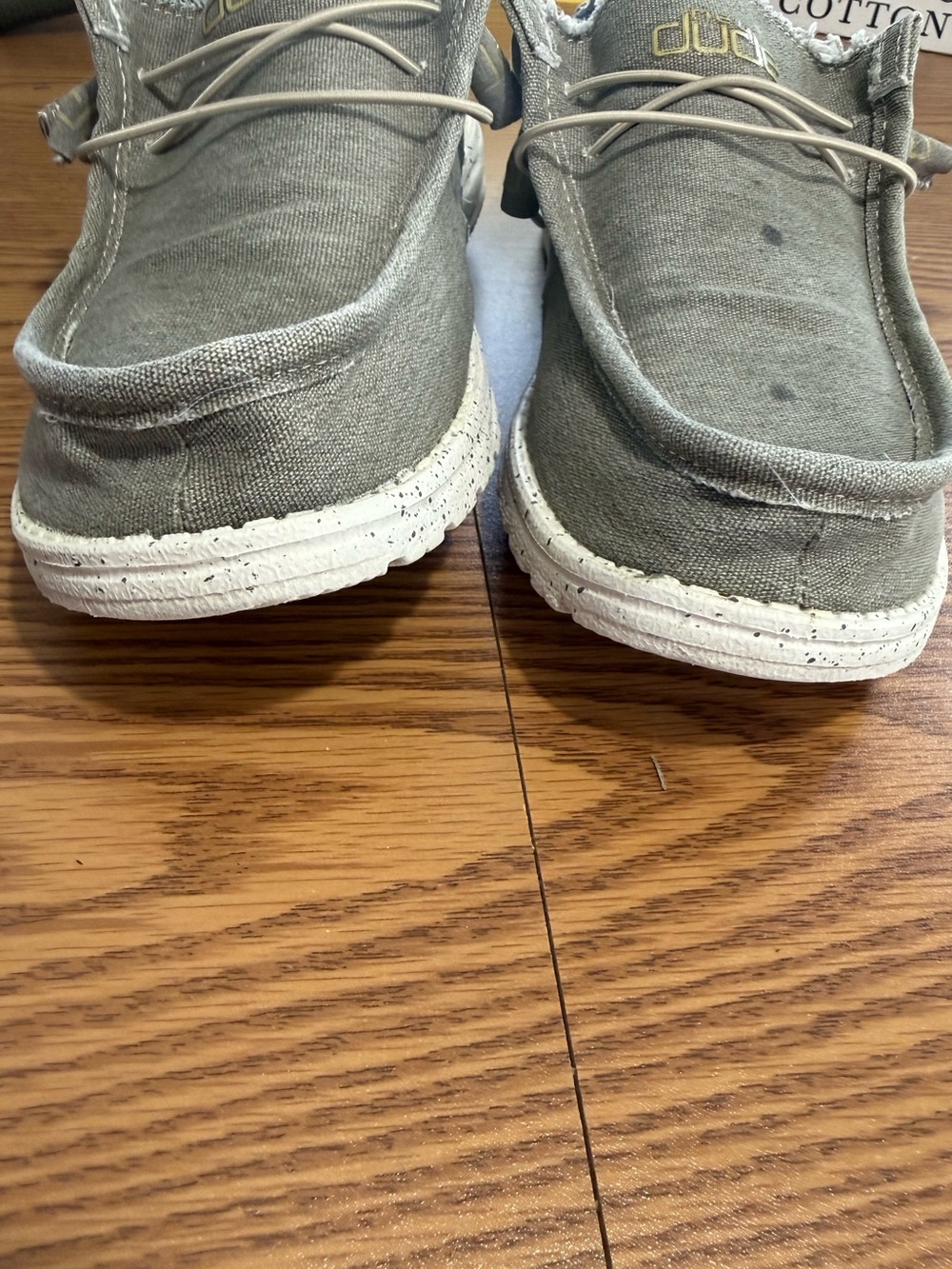 Hey Dude Wally Stretch size 11, outer gray. Inside Black Palm Trees on Beige - Picture 2 of 11